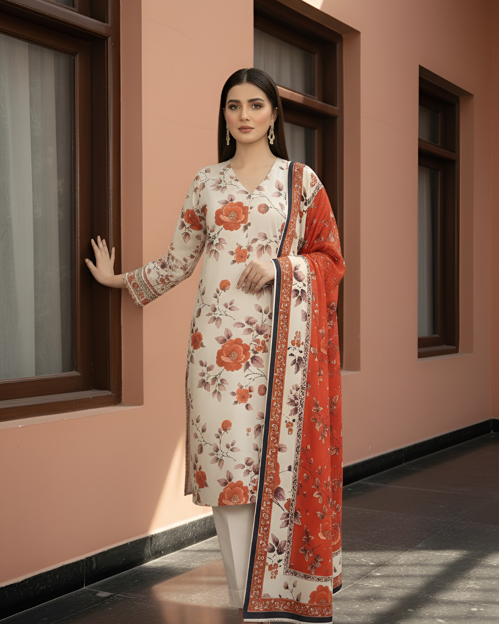 3 Pieces - Marooj Unstitched Cream Printed Khaddar Suit