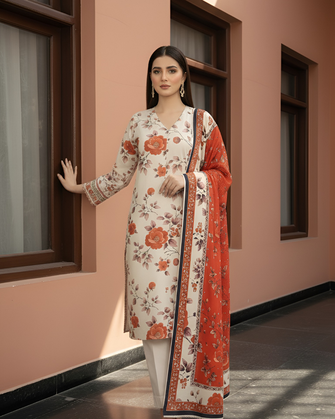 3 Pieces - Marooj Unstitched Cream Printed Khaddar Suit