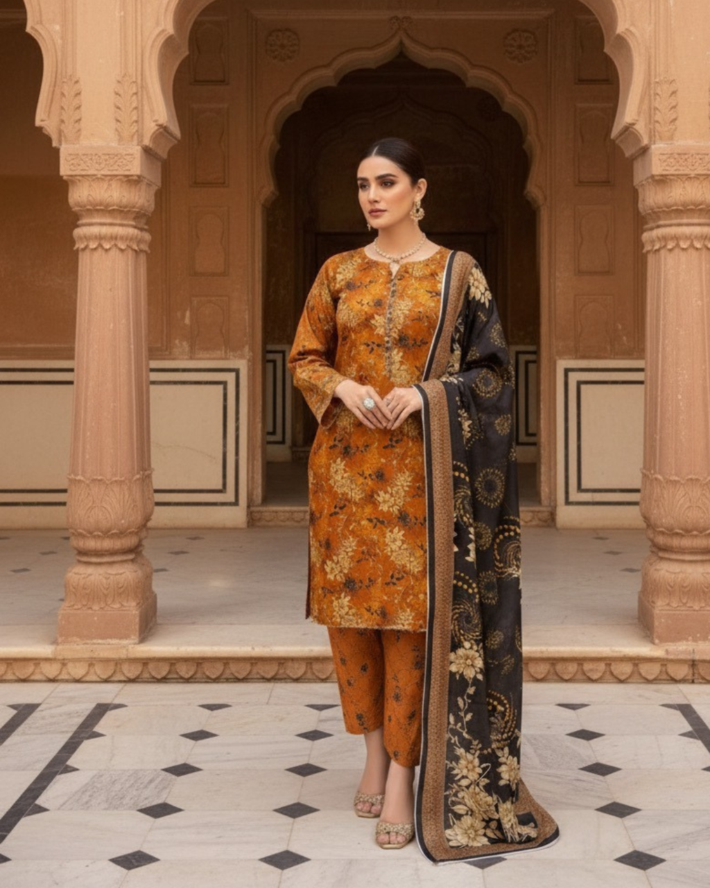 3 Pieces - Marooj Unstitched Orange BanaDora Linen Suit