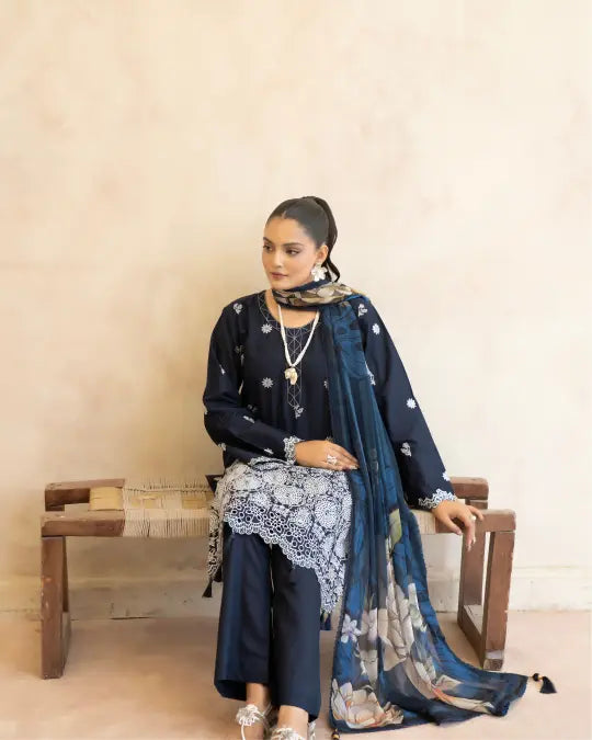3 Piece - Gold Unstitched Navy blue Embroidered Lawn Suit