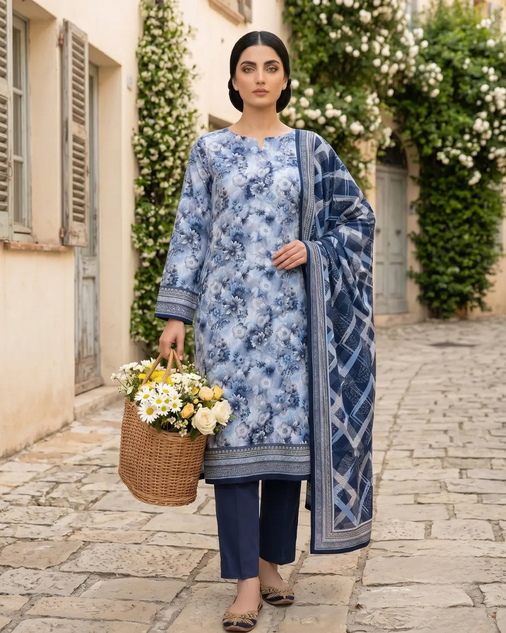 3 Pieces - Sohni Dharti Unstitched Sky Blue Print Lawn Suit
