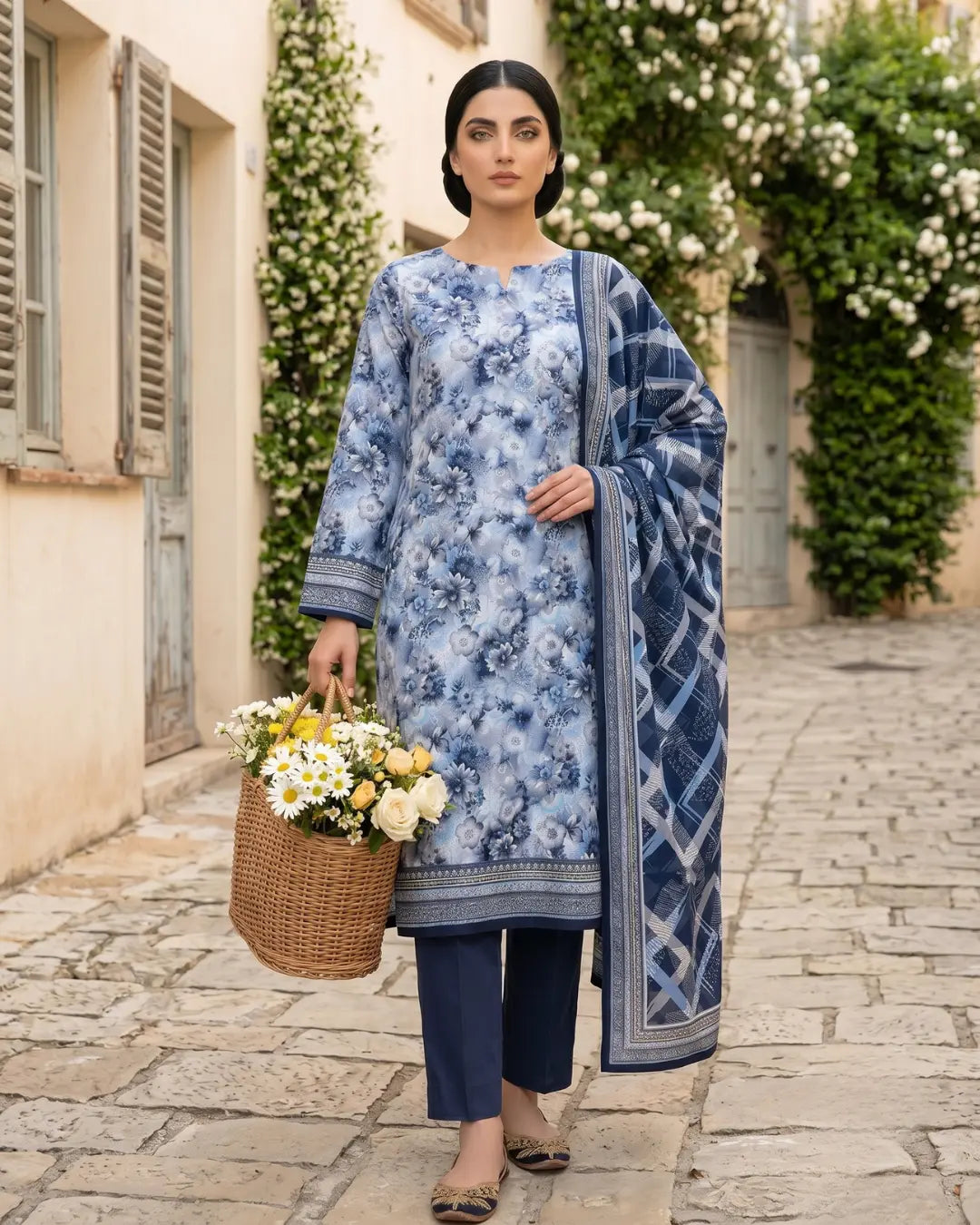 3 Pieces - Sohni Dharti Unstitched Sky Blue Print Lawn Suit