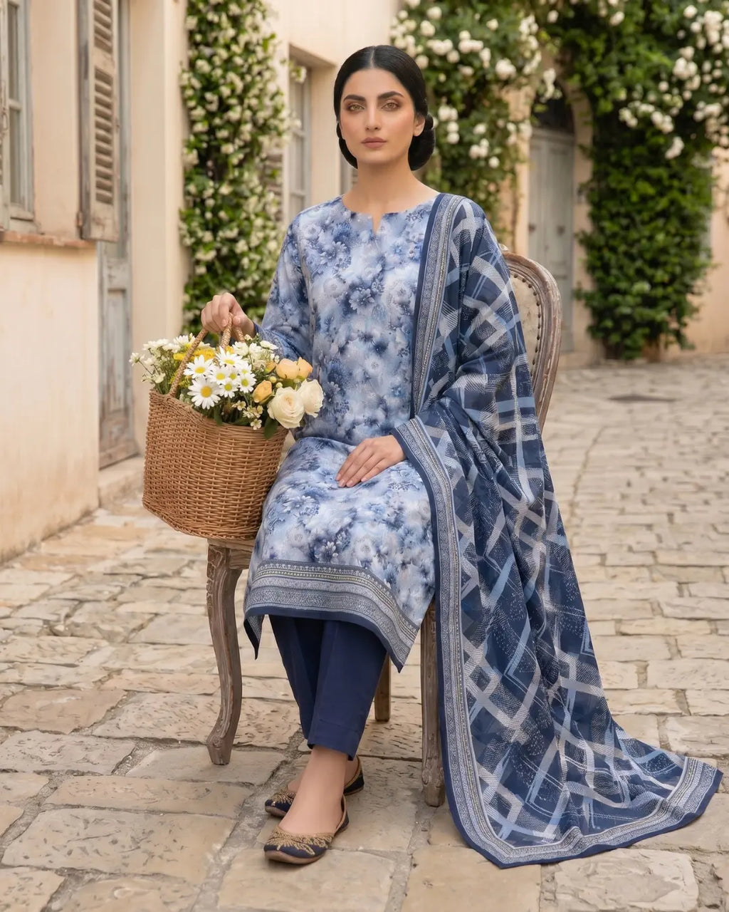 3 Pieces - Sohni Dharti Unstitched Sky Blue Print Lawn Suit