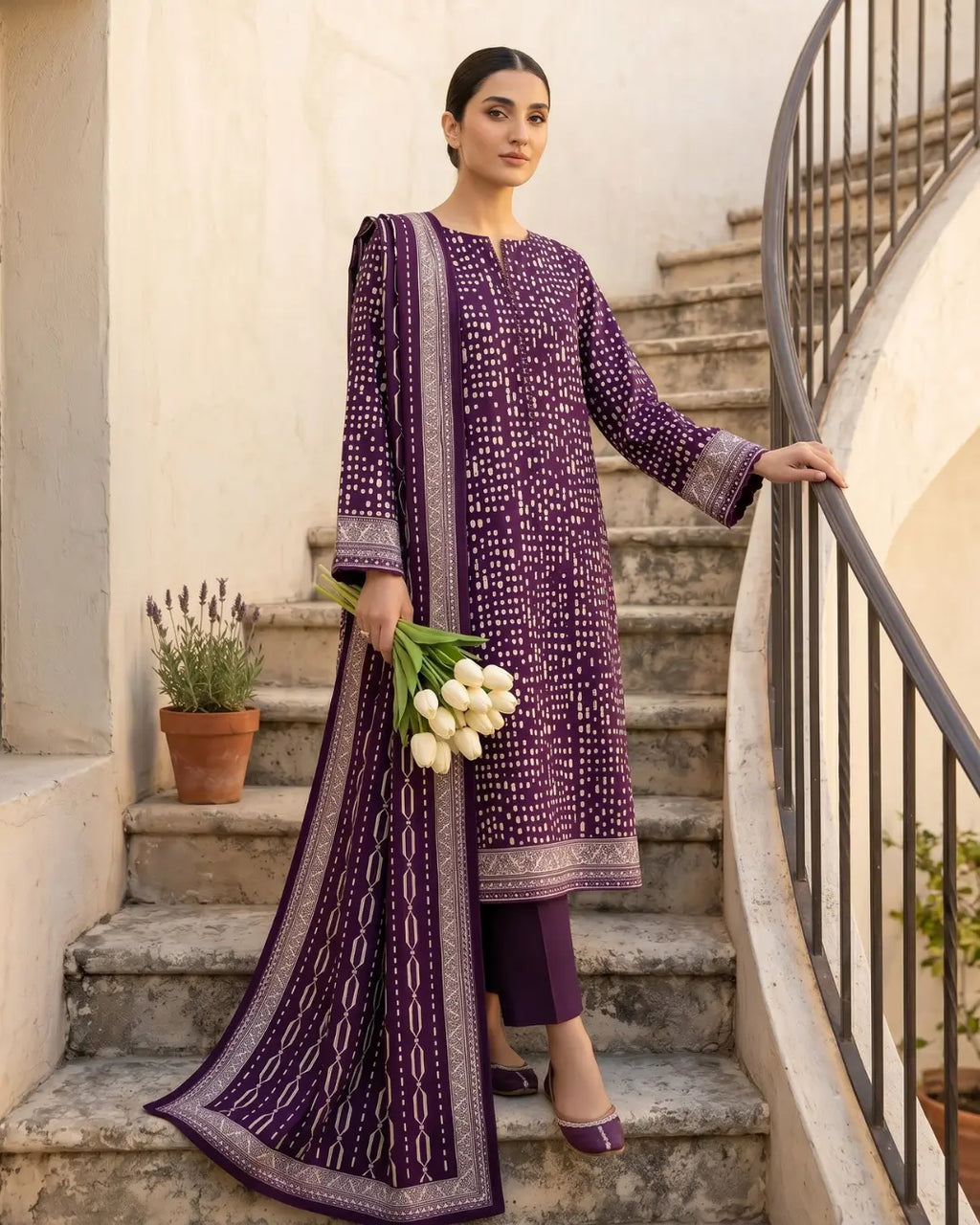 3 Pieces - Sohni Dharti Unstitched Plum Print Lawn Suit
