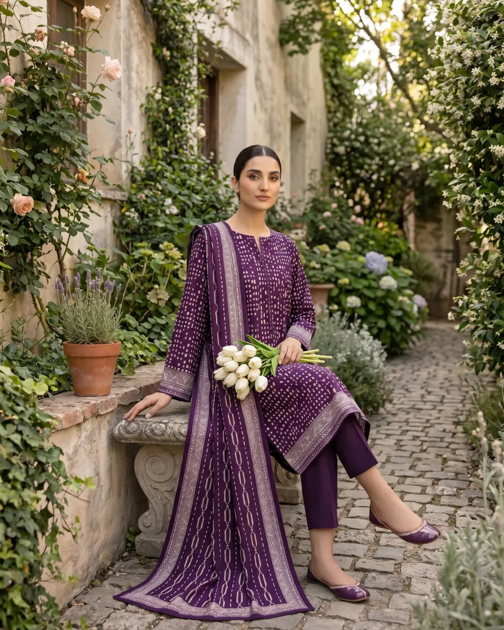 3 Pieces - Sohni Dharti Unstitched Plum Print Lawn Suit