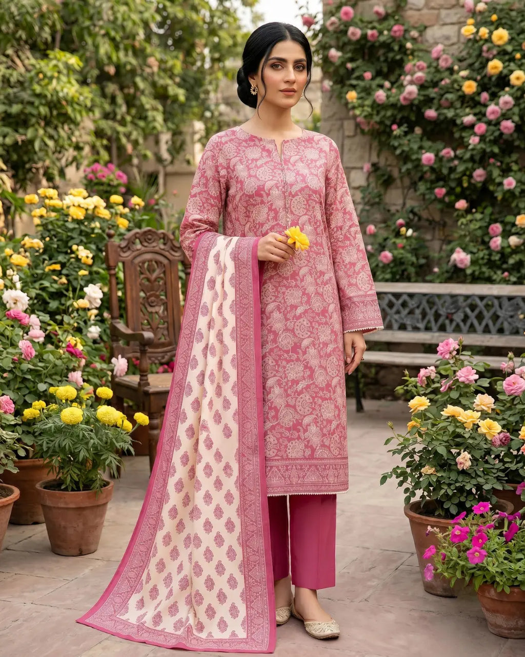 3 Pieces - Sohni Dharti Unstitched Pink Print Lawn Suit