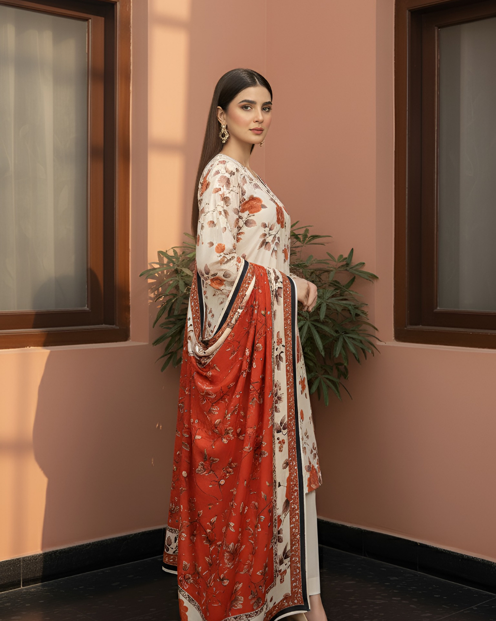 3 Pieces - Marooj Unstitched Cream Printed Khaddar Suit