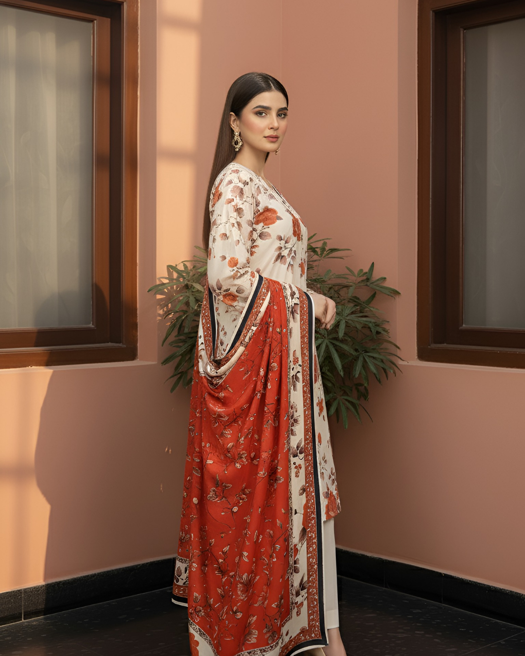 3 Pieces - Marooj Unstitched Cream Printed Khaddar Suit