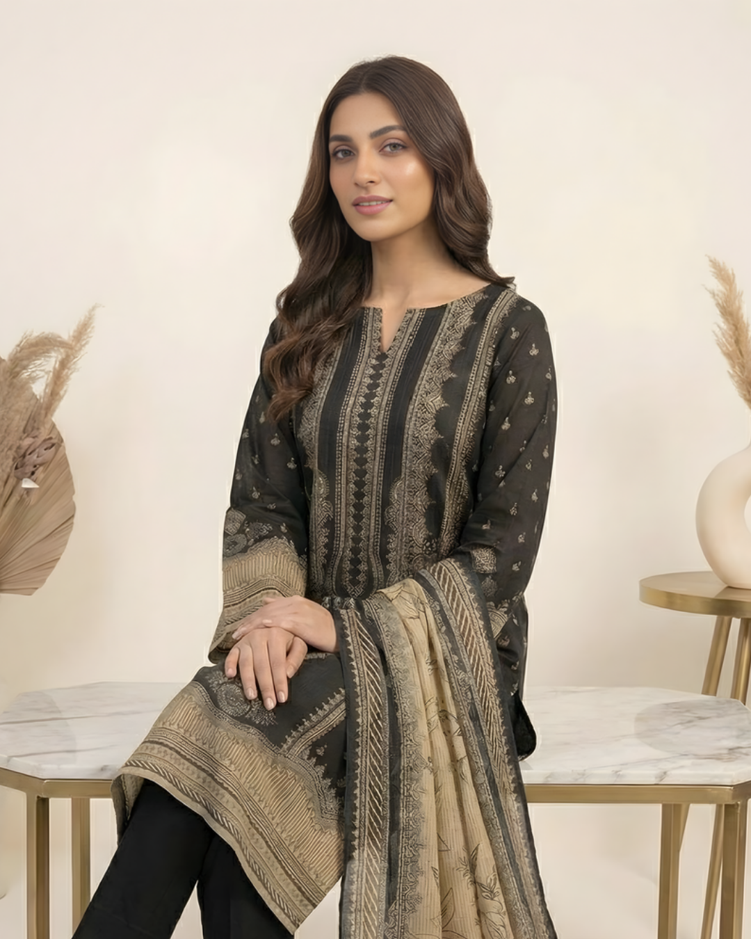 3 Pieces - Marooj Unstitched Garish Black Transliminor Magic Print Lawn Suit