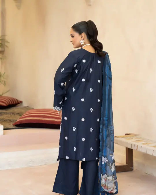 3 Piece - Gold Unstitched Navy blue Embroidered Lawn Suit