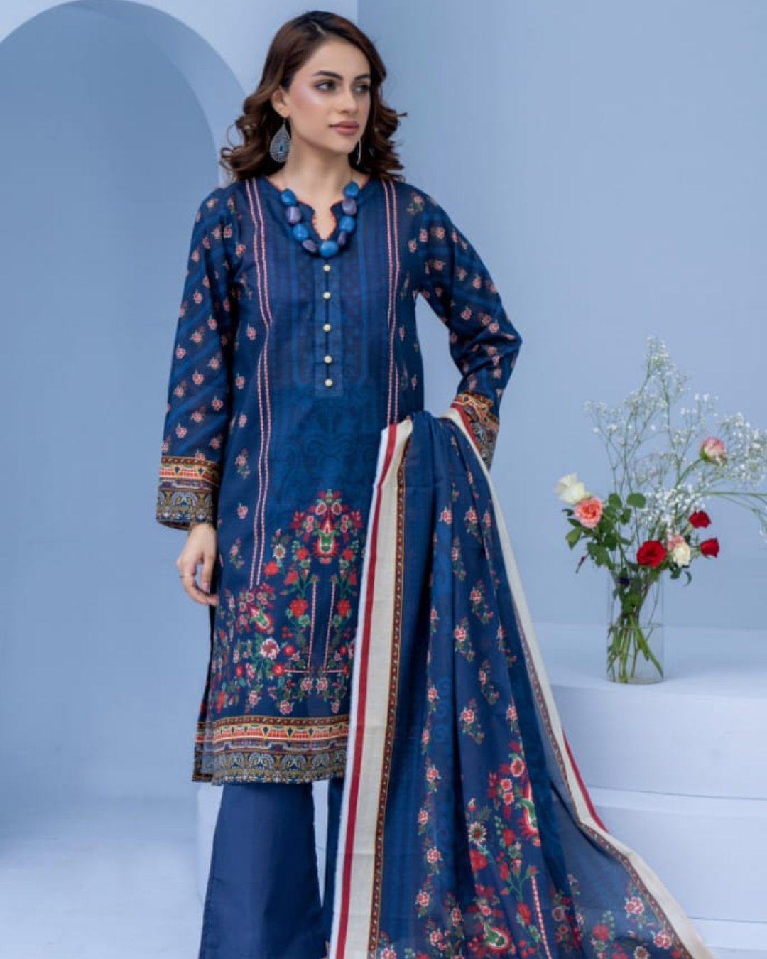 3 Piece - Mojoberry Unstitched Blue Ladies Banadora Print Lawn Suit