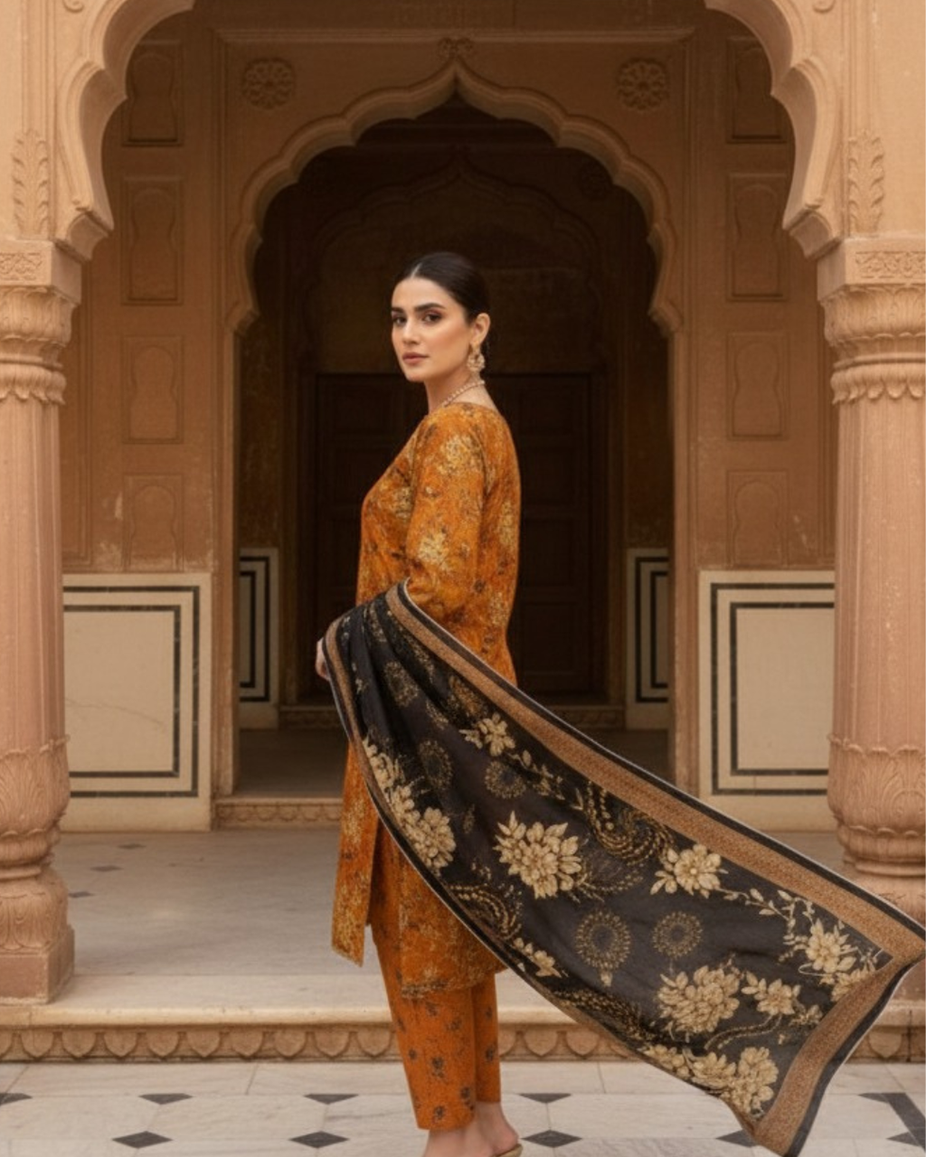 3 Pieces - Marooj Unstitched Orange BanaDora Linen Suit