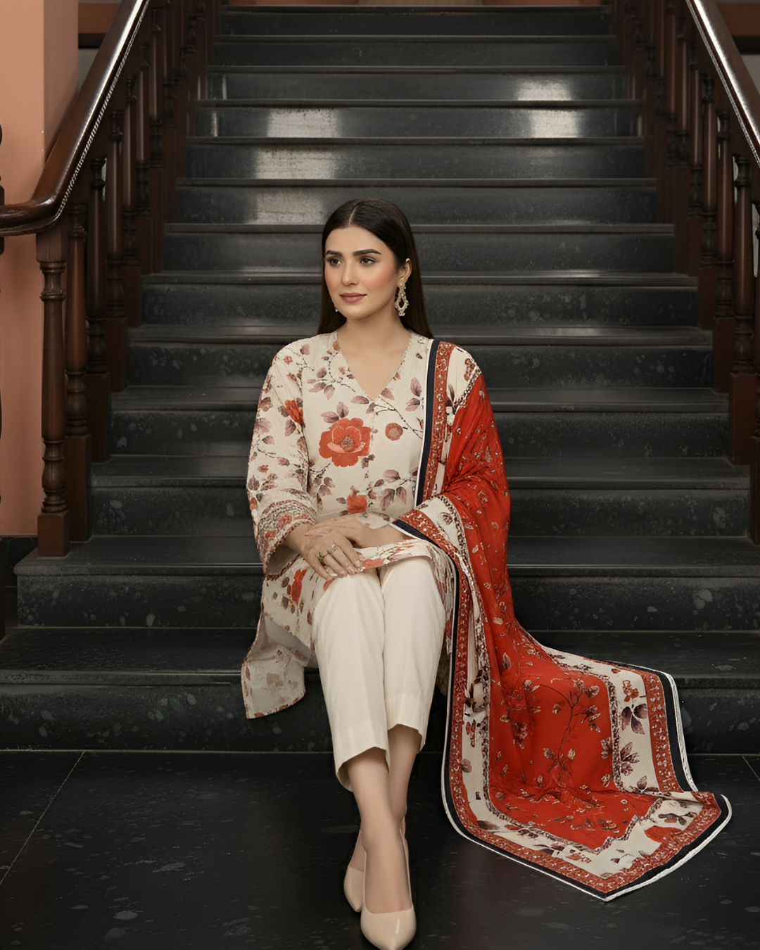 3 Pieces - Marooj Unstitched Cream Printed Khaddar Suit