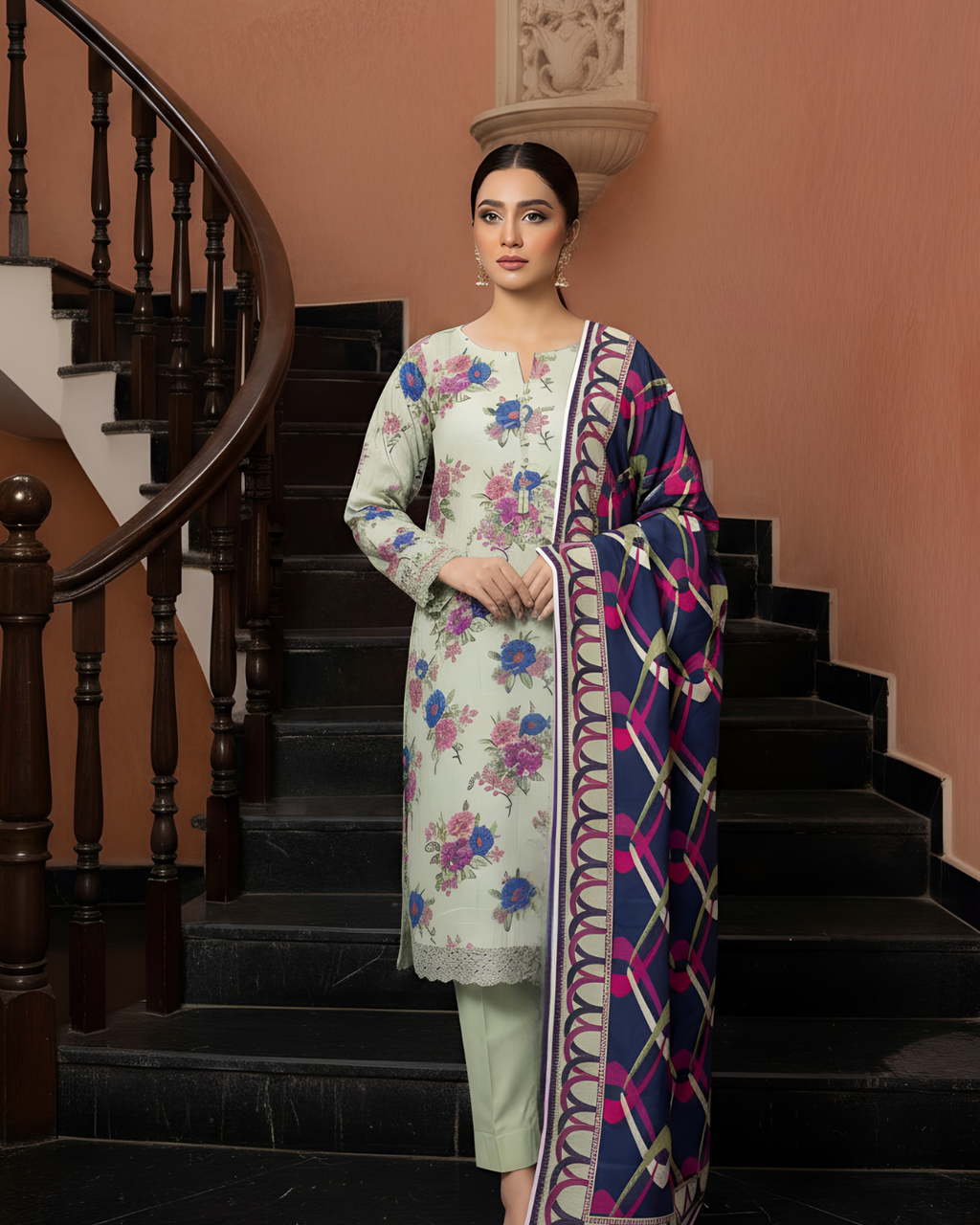 3 Pieces - Marooj Unstitched Pista Printed Khaddar Suit