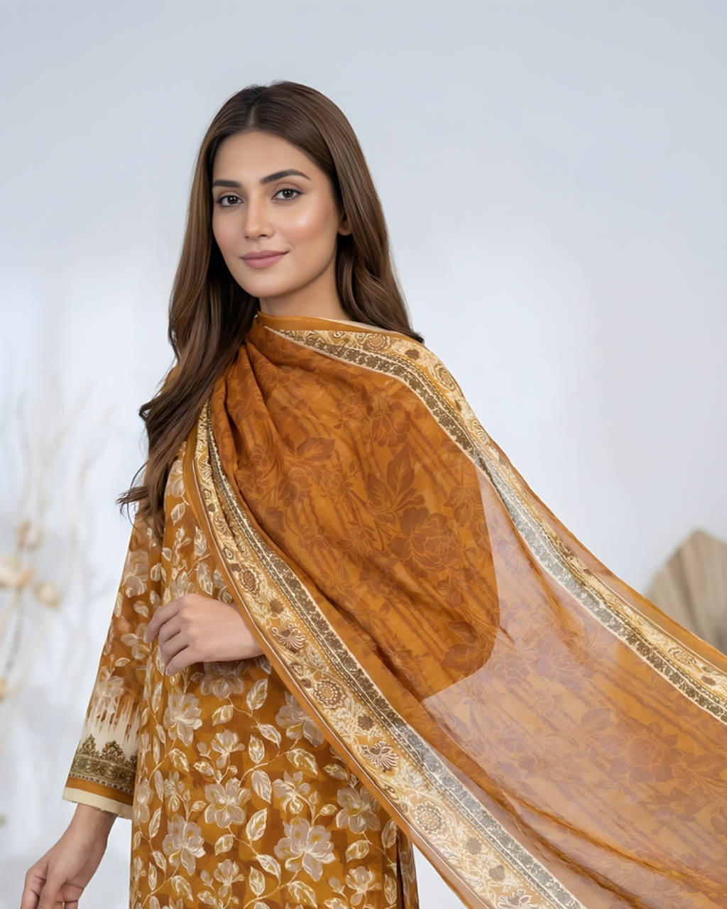 3 Pieces - Marooj Unstitched Mustard Transliminor Magic Print Lawn Suit