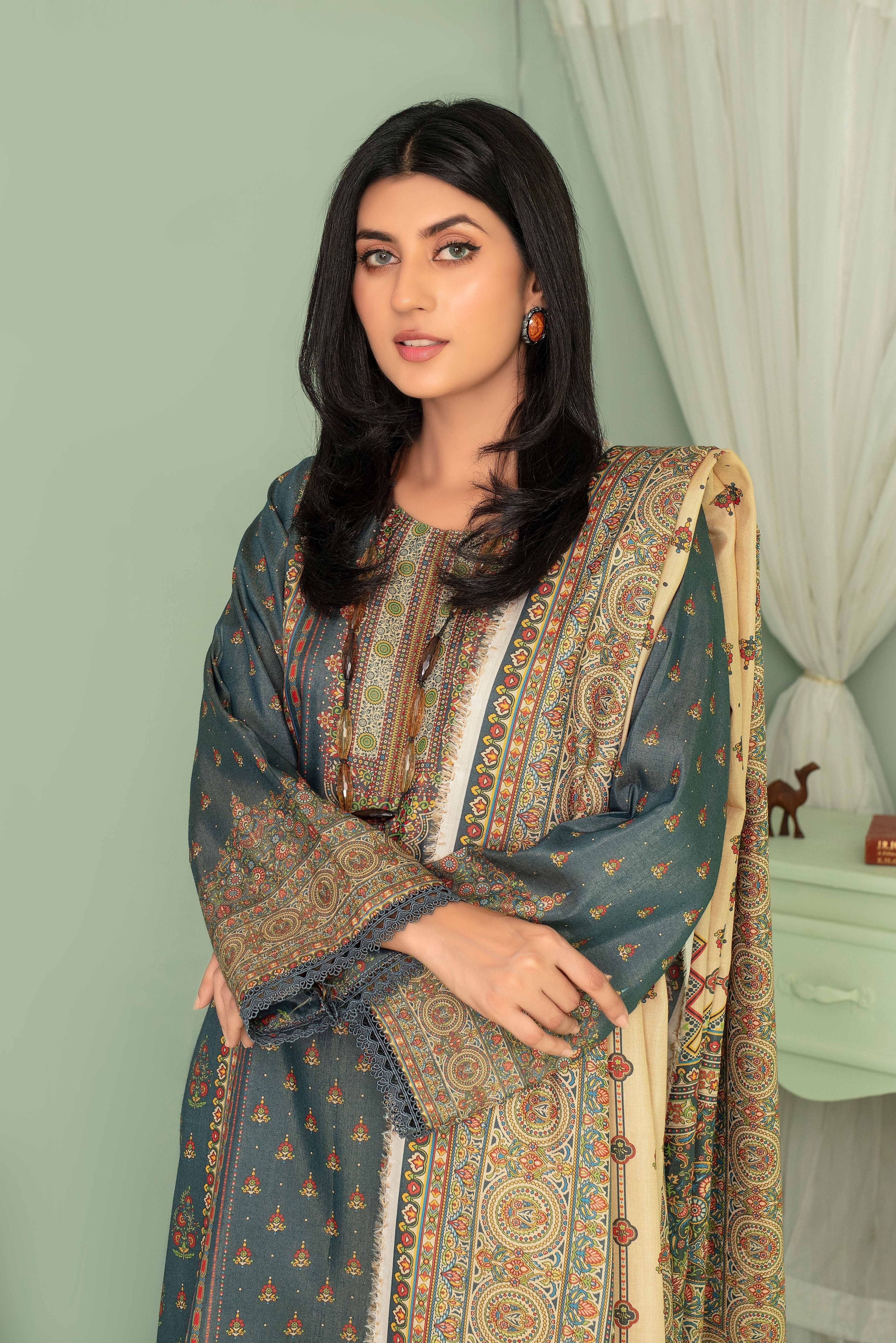 3 Pieces - Aizal Unstitched Gray Printed Shamray Linen Suit