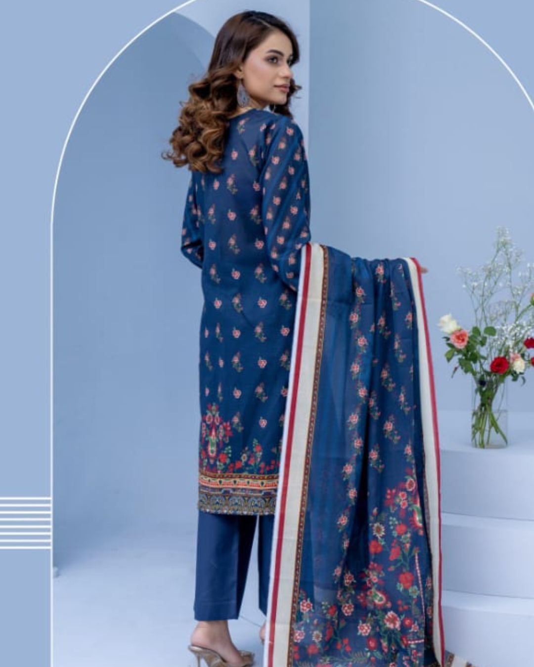 3 Piece - Mojoberry Unstitched Blue Ladies Banadora Print Lawn Suit