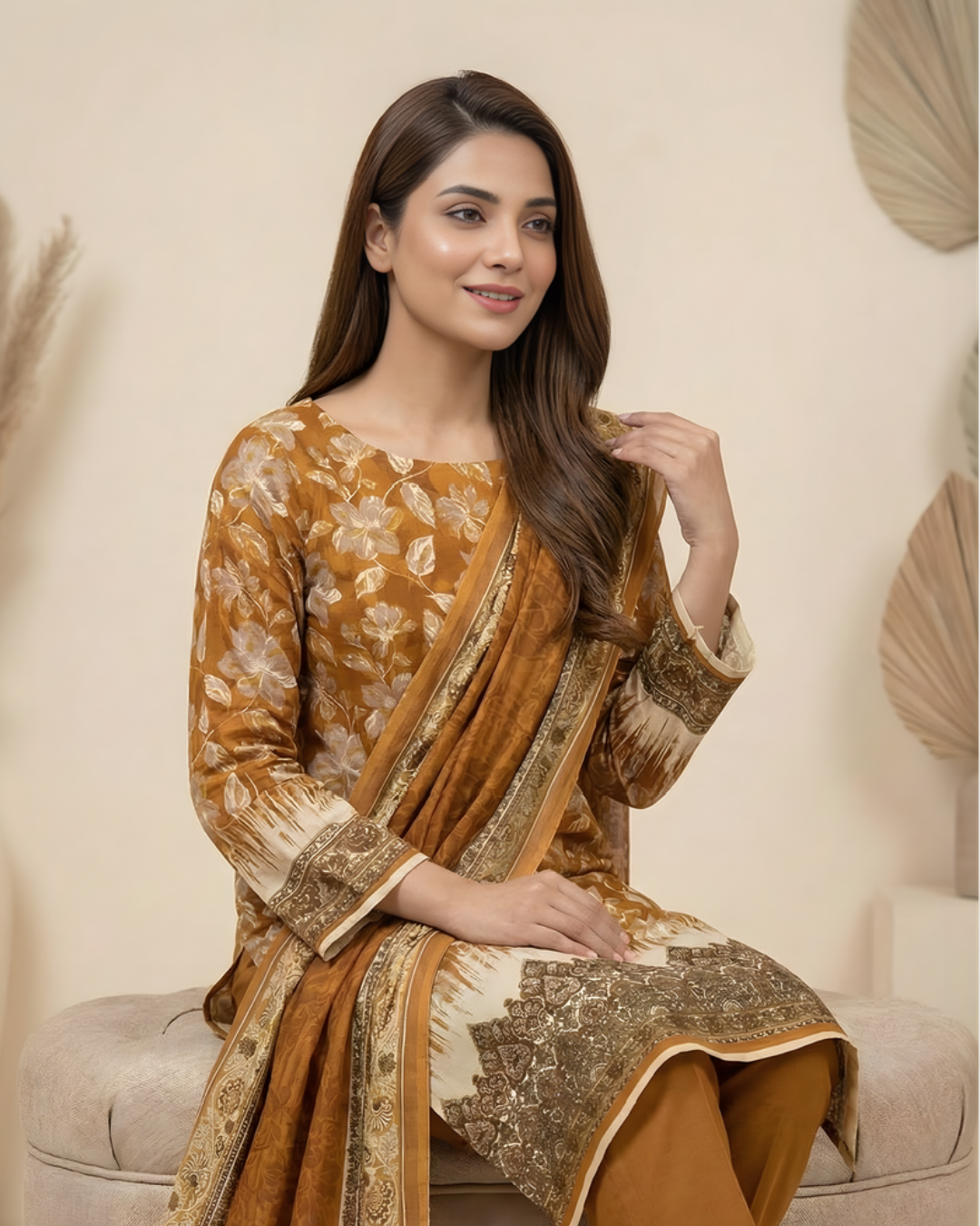 3 Pieces - Marooj Unstitched Mustard Transliminor Magic Print Lawn Suit