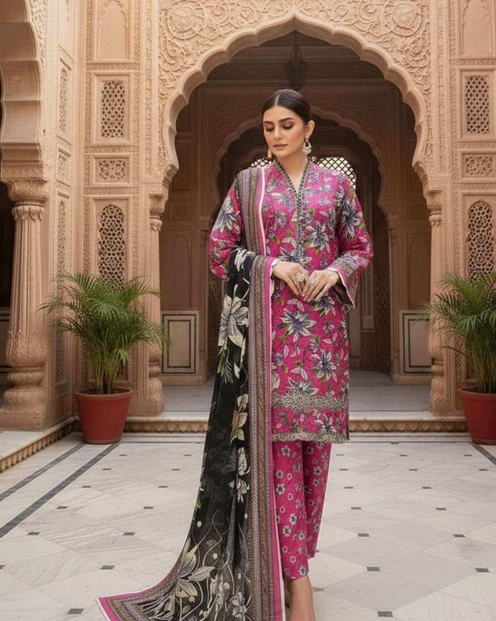 3 Pieces - Marooj Unstitched Pink BanaDora Linen Suit