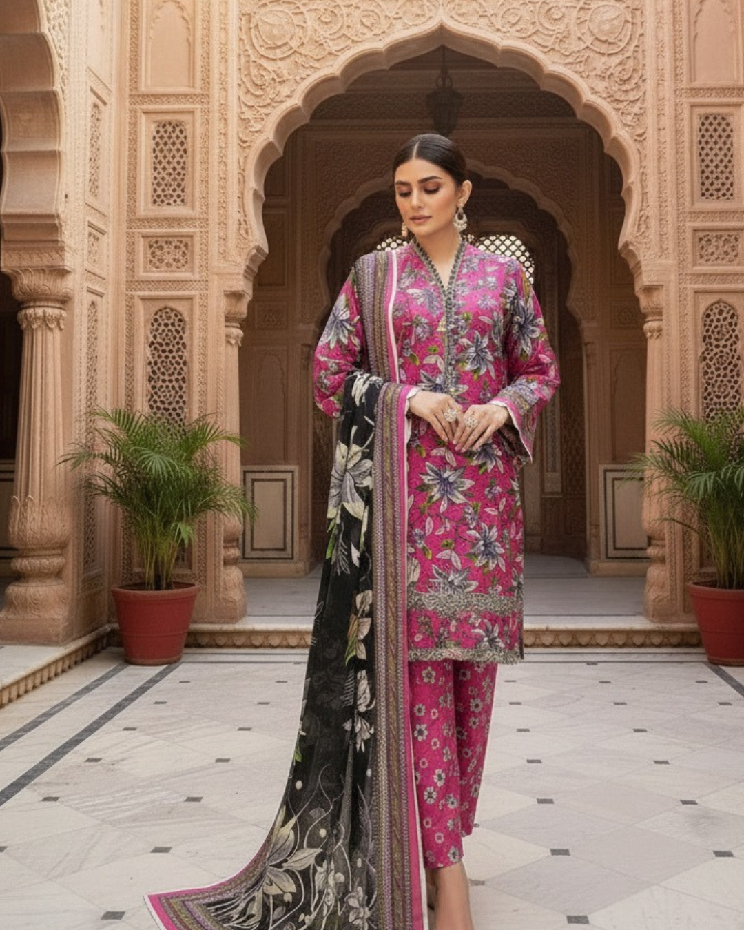 3 Pieces - Marooj Unstitched Pink BanaDora Linen Suit