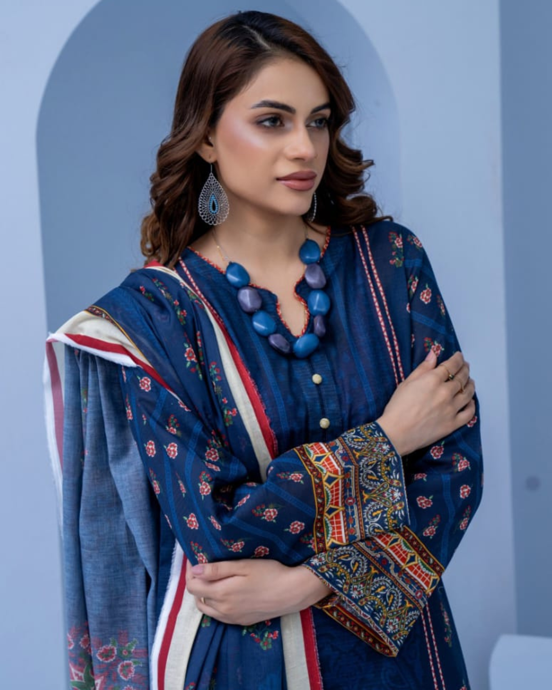 3 Piece - Mojoberry Unstitched Blue Ladies Banadora Print Lawn Suit