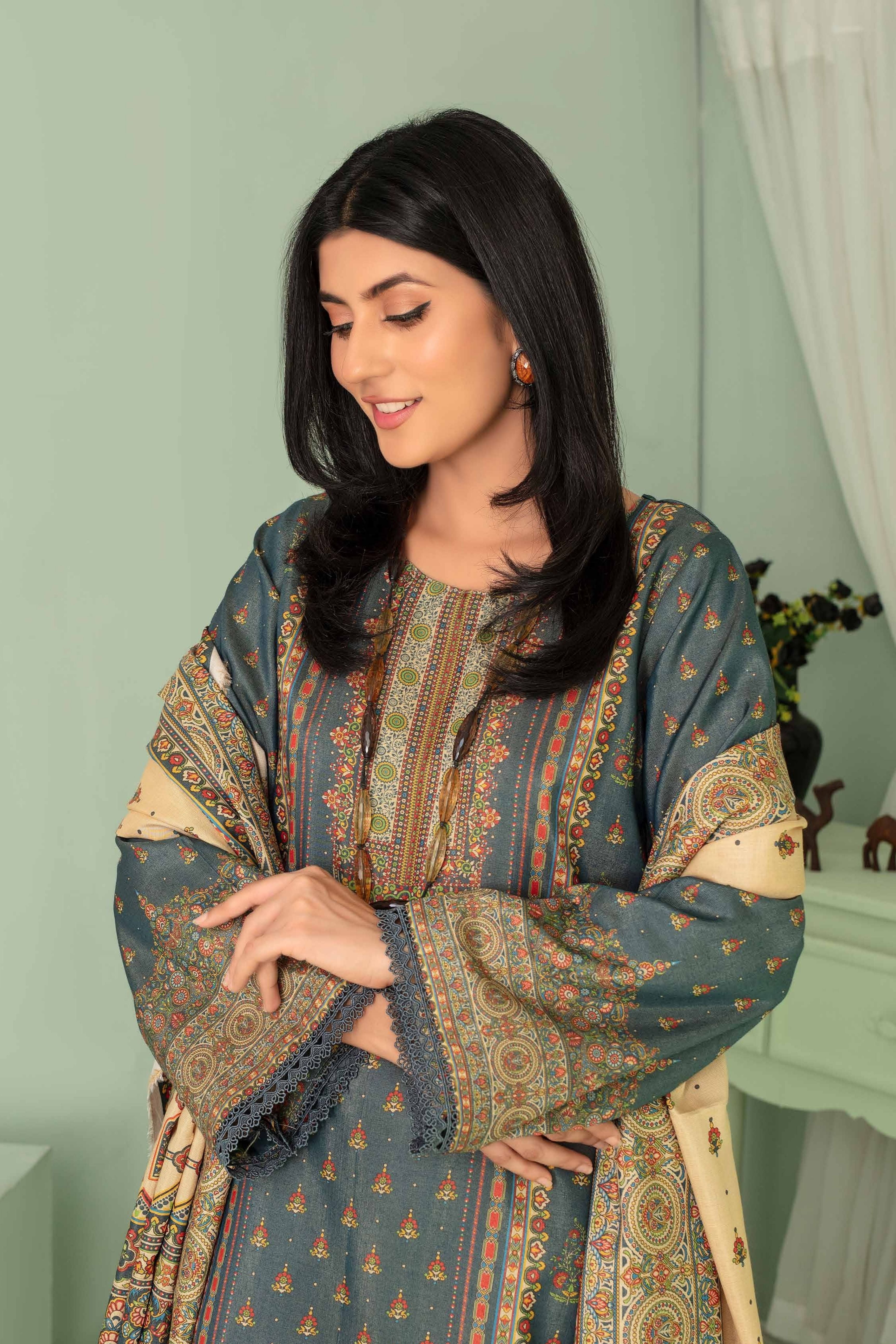 3 Pieces - Aizal Unstitched Gray Printed Shamray Linen Suit