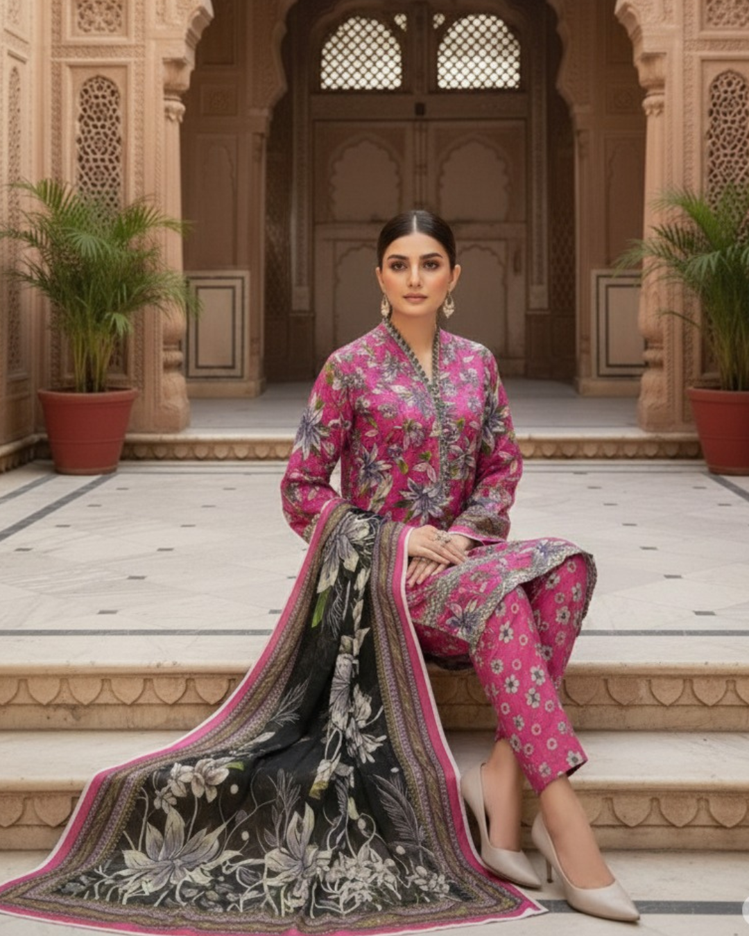 3 Pieces - Marooj Unstitched Pink BanaDora Linen Suit