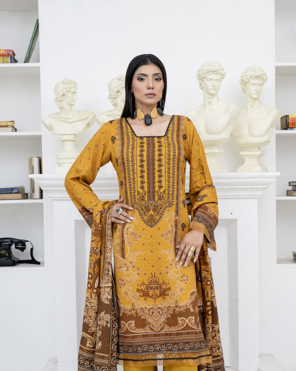 3 Piece - Marooj Unstitched Mustard BanaDora Linen Suit