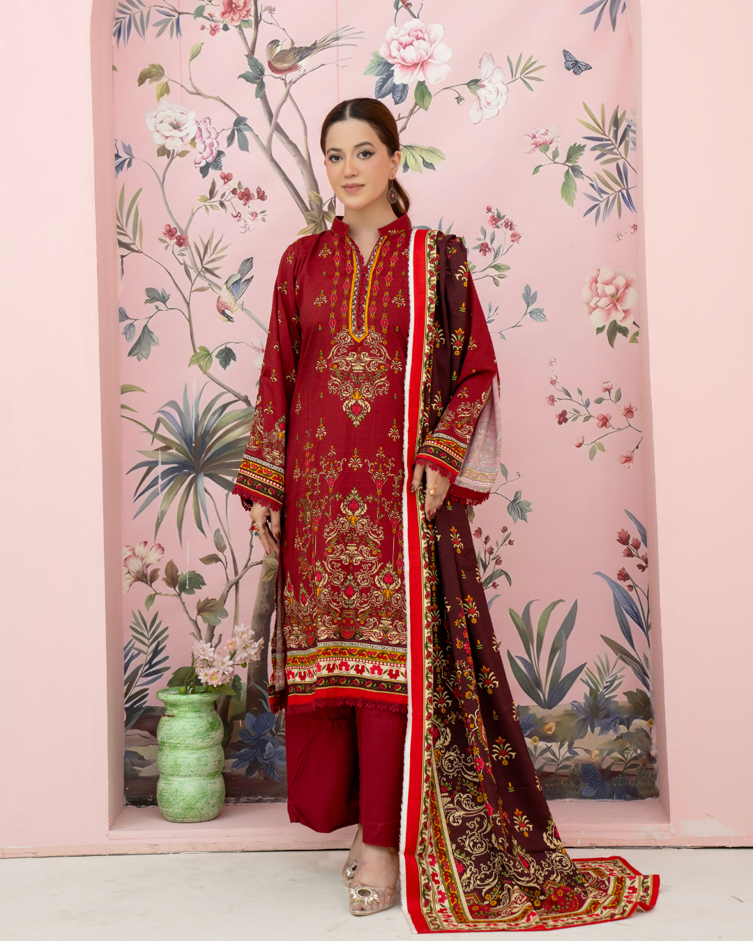 3 Pieces - Marooj Unstitched Maroon BanaDora Linen Suit