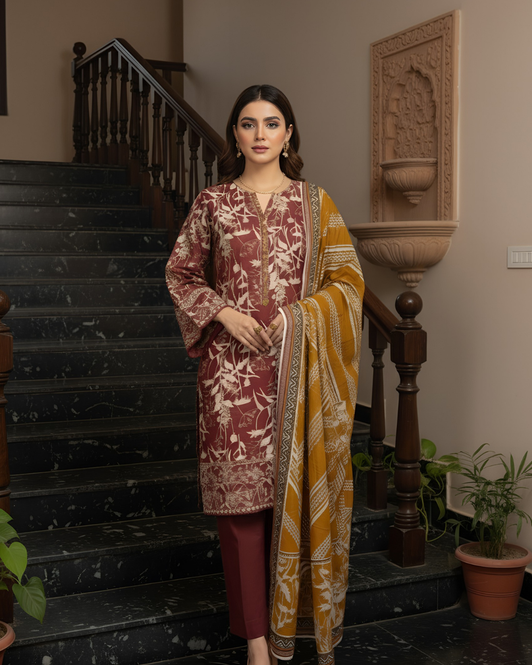 3 Pieces - Marooj Unstitched Maroon Printed Khaddar Suit