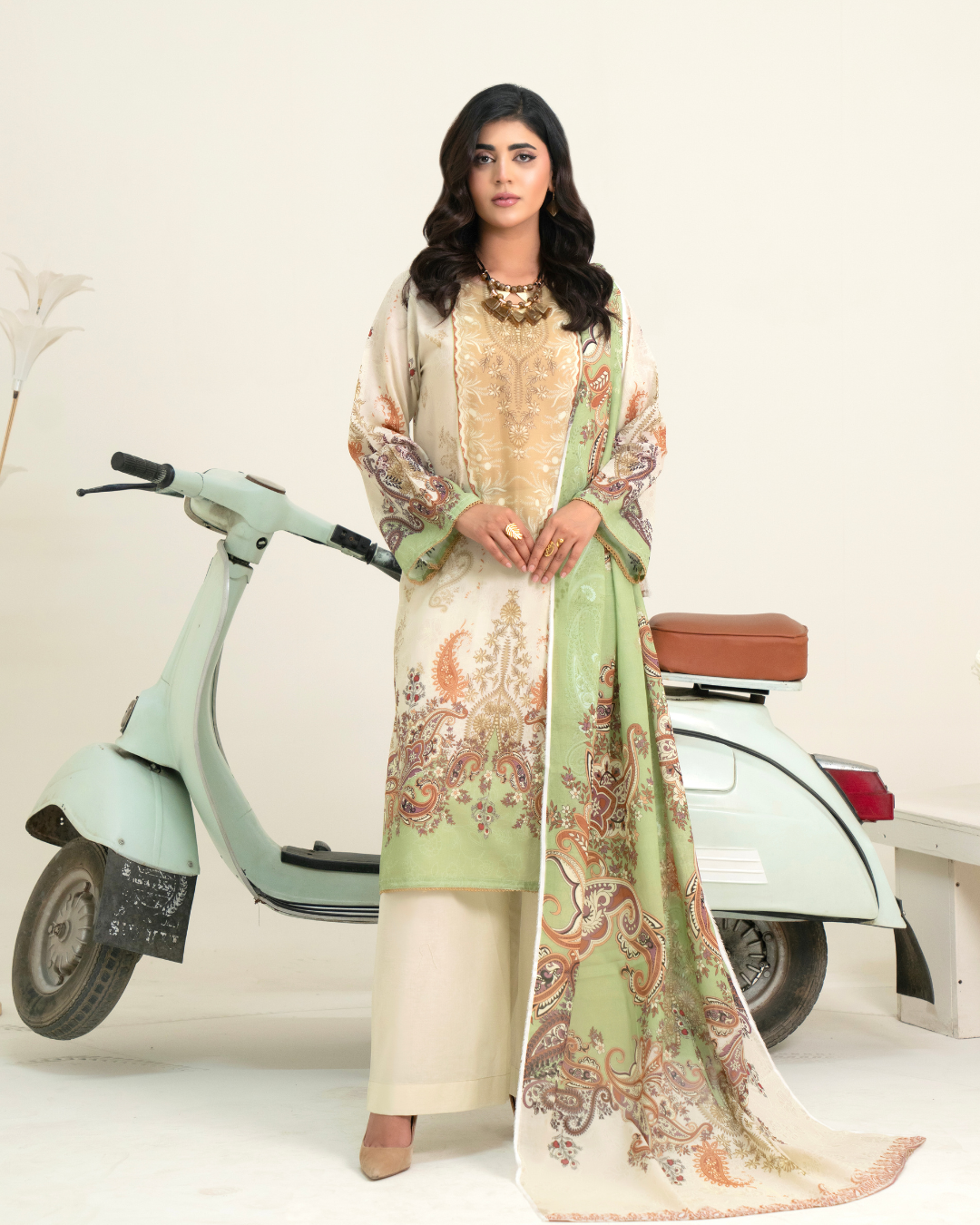 3 Piece - Gold Unstitched Off White Printed Lawn Suit