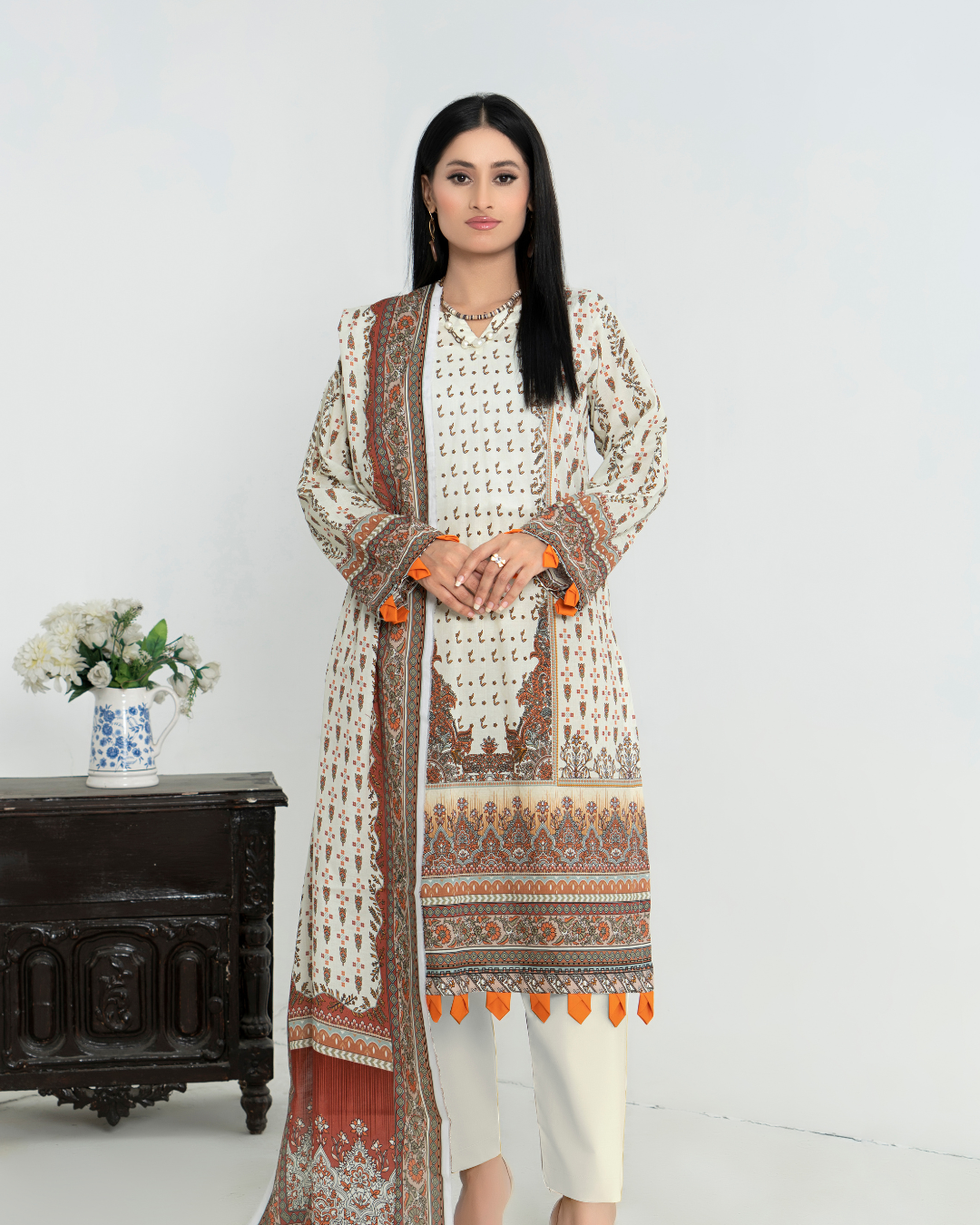3 Piece - Junoon Unstitched Off White Ladies Print Lawn Suit