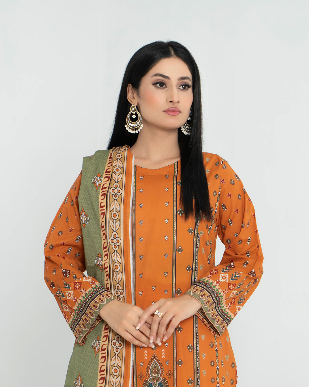 3 Piece - Junoon Unstitched Orange Ladies Transliminor Magic Print Lawn Suit