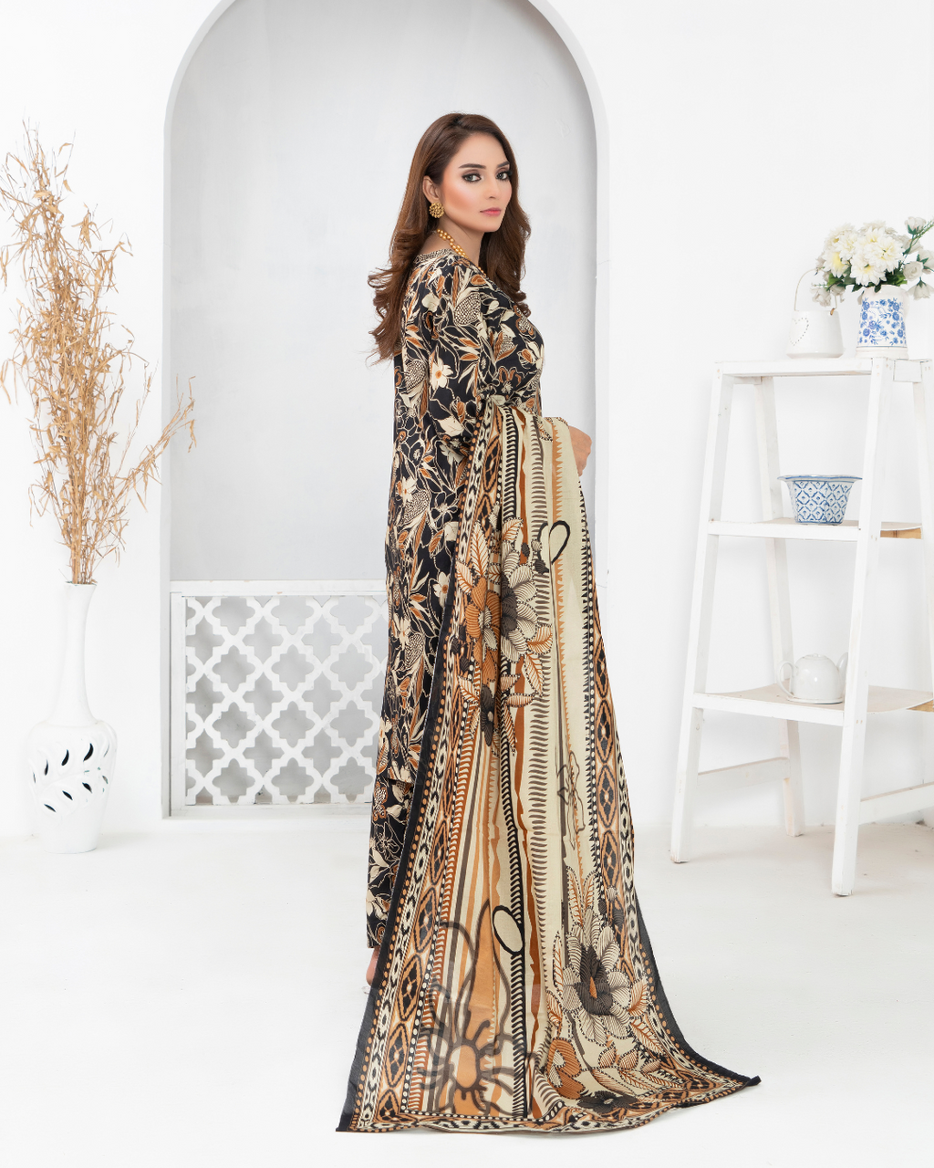 3 Piece - Mahi Unstitched Char Coal Ladies Print Lawn Suit