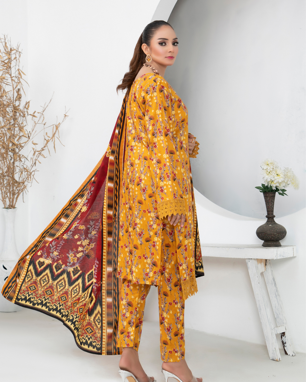 3 Piece - Mahi Unstitched Yellow Ladies Print Lawn Suit