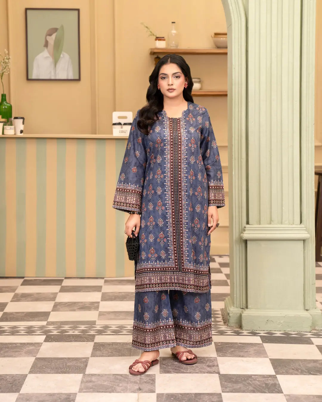 2 Piece - Gold Unstitched Blue Ladies Print Lawn Suit