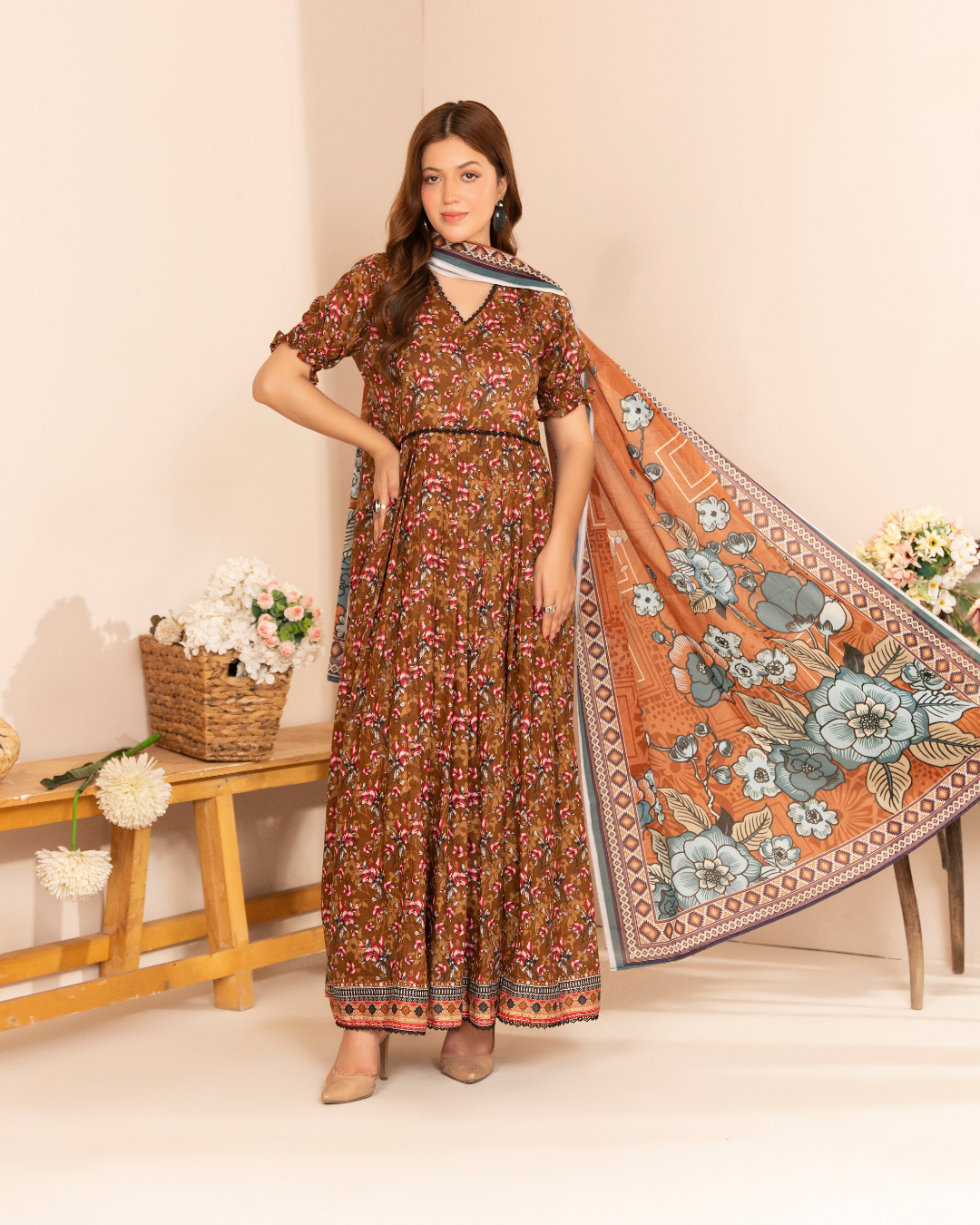 3 Piece - Mahi Unstitched Brown Ladies Print Lawn Suit