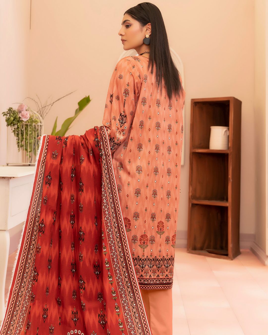 3 Piece - Junoon Unstitched Light Peach Ladies Print Lawn Suit