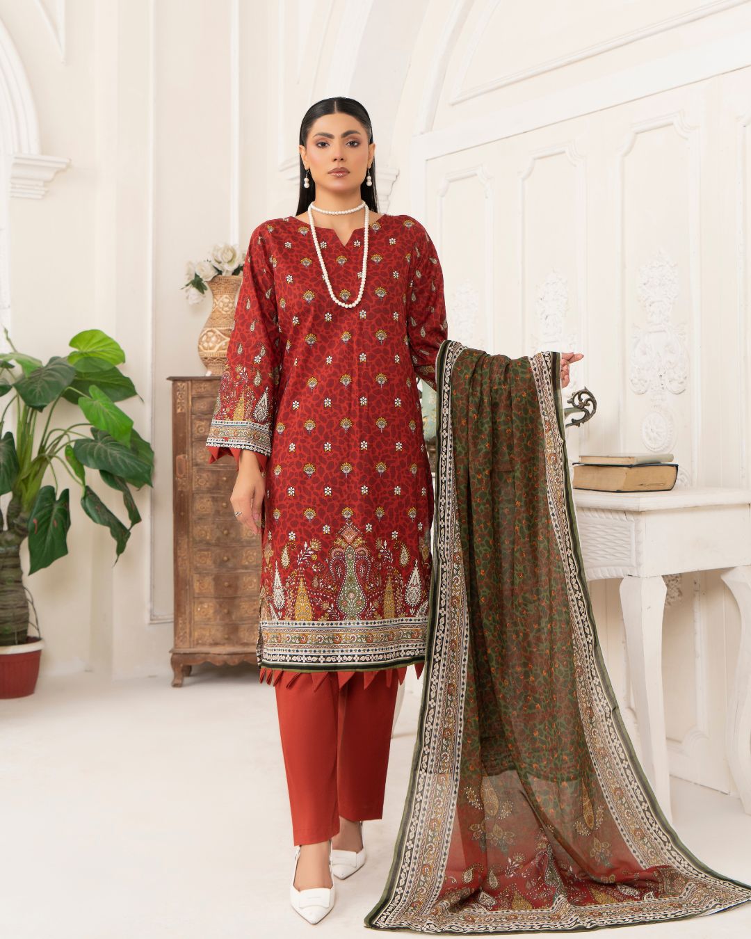 3 Piece - Junoon Unstitched Maroon Ladies Print Lawn Suit