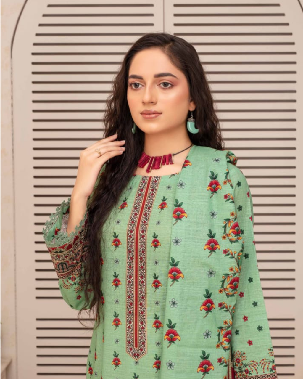 3 Pieces - Arzu Unstitched Pista Print Khaddar Suit