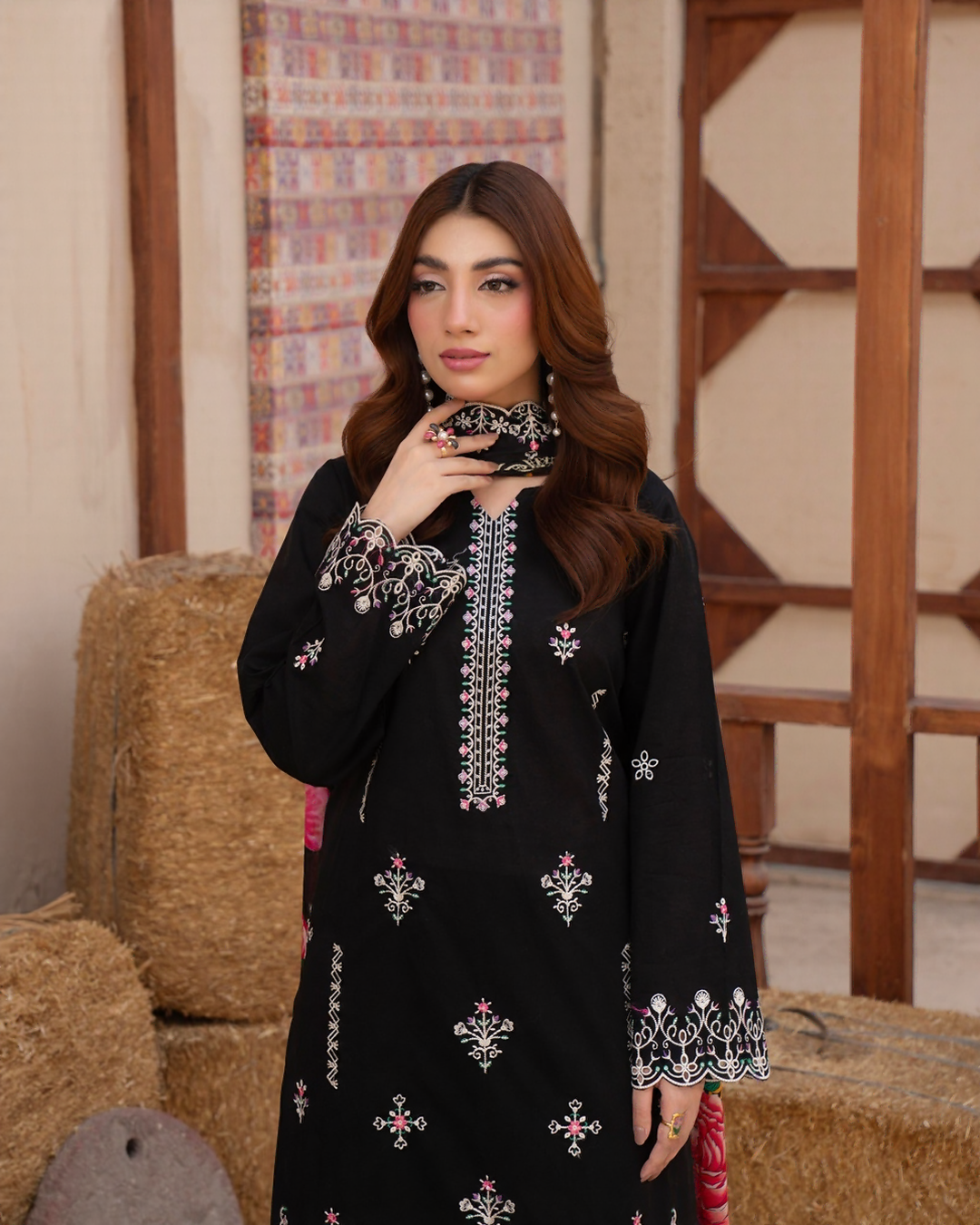 3 Piece - Gold Unstitched Black Embroidered Lawn Suit