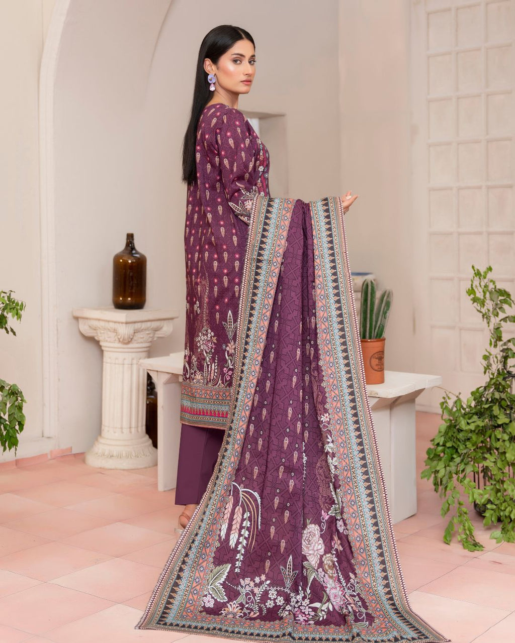3 Piece - Junoon Unstitched Purple Ladies Banadora Print Lawn Suit