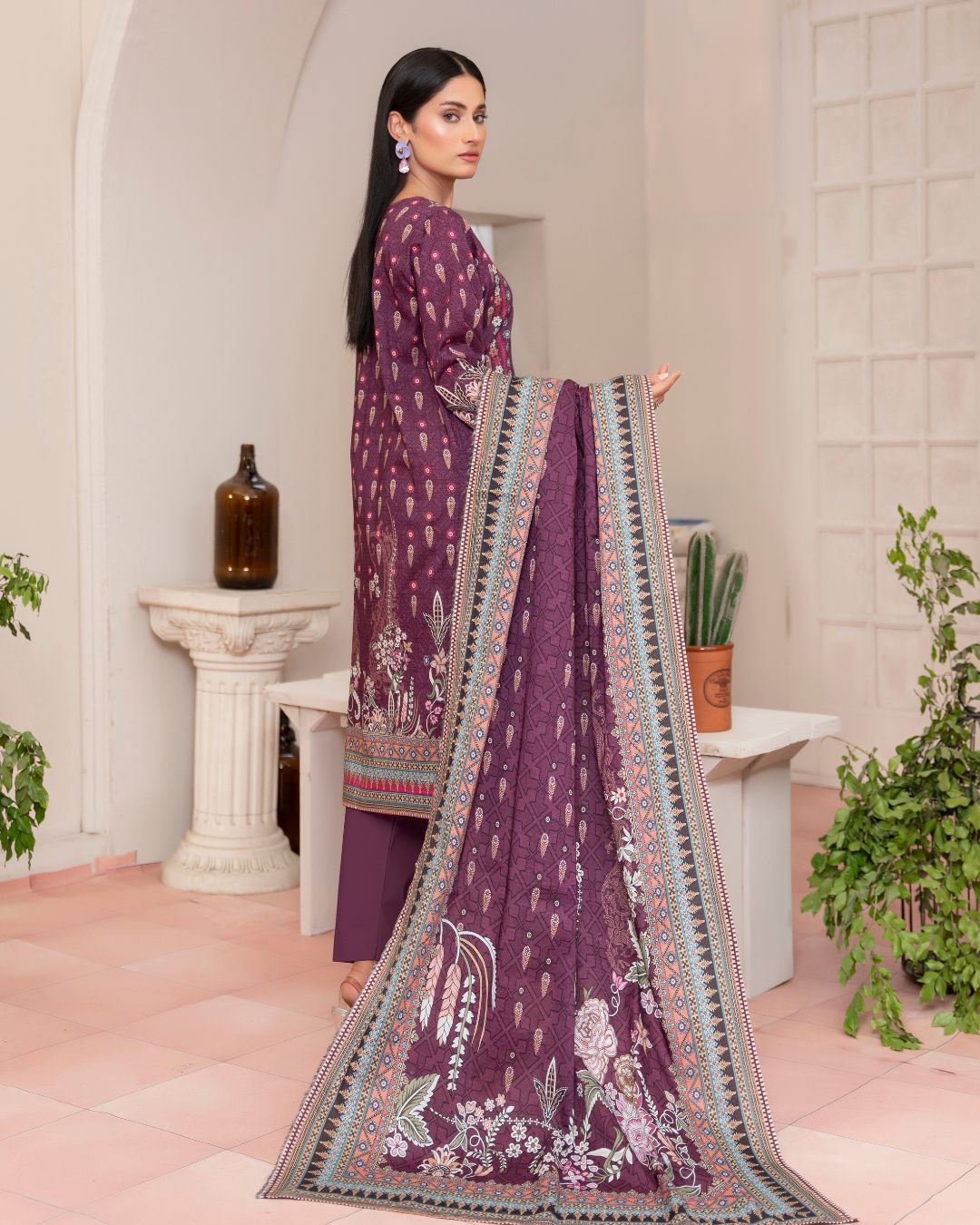 3 Piece - Junoon Unstitched Purple Ladies Banadora Print Lawn Suit