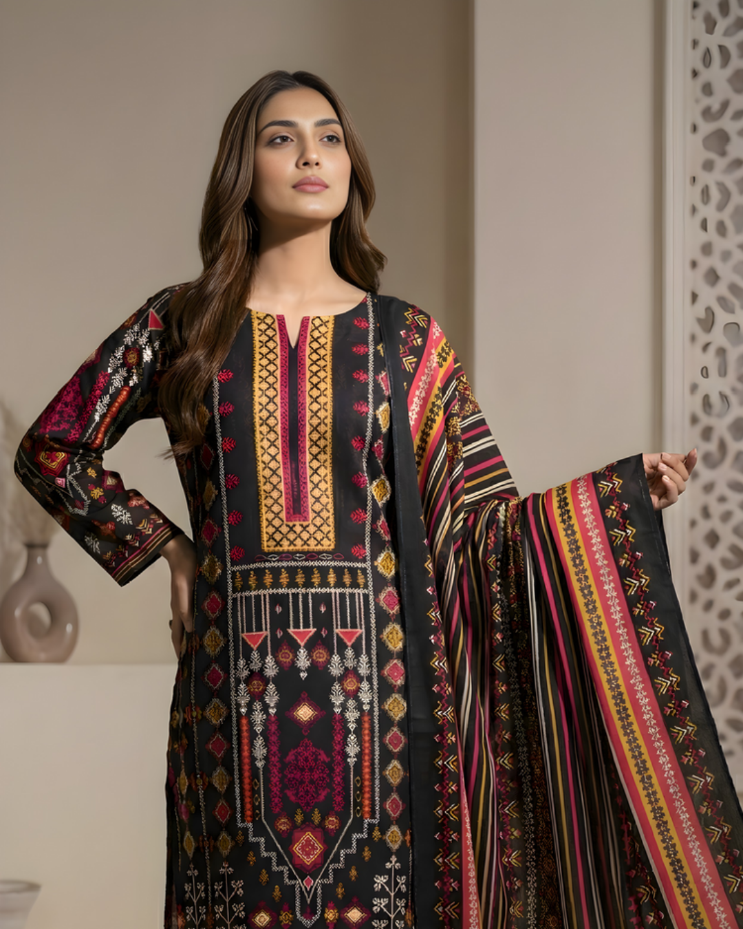 3 Pieces - Marooj Unstitched Jet Black Transliminor Magic Print Lawn Suit