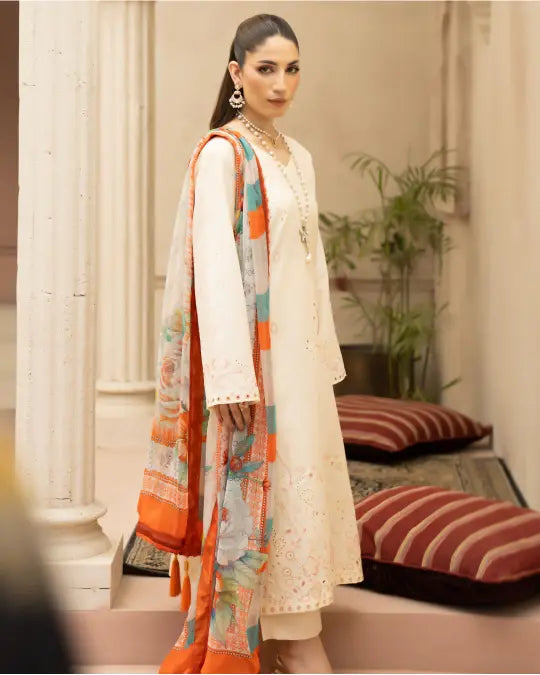 3 Piece - Gold Unstitched Off-white Embroidered Lawn Suit