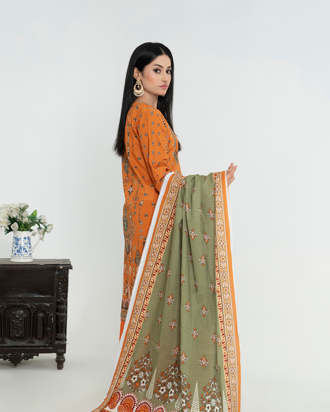 3 Piece - Junoon Unstitched Orange Ladies Transliminor Magic Print Lawn Suit