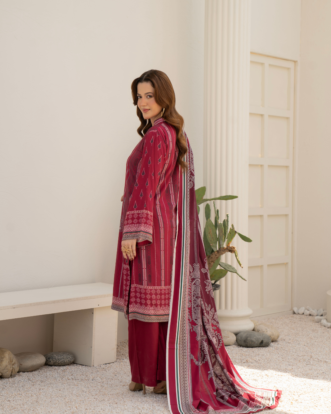 3 Pieces - Marooj Unstitched Maroon BanaDora Linen Suit