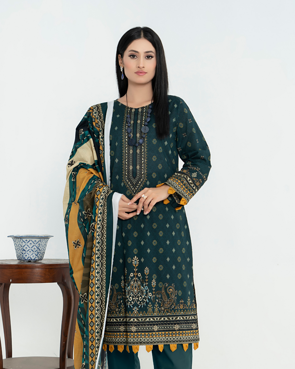 3 Piece - Junoon Unstitched Olive Ladies Transliminor Magic Print Lawn Suit