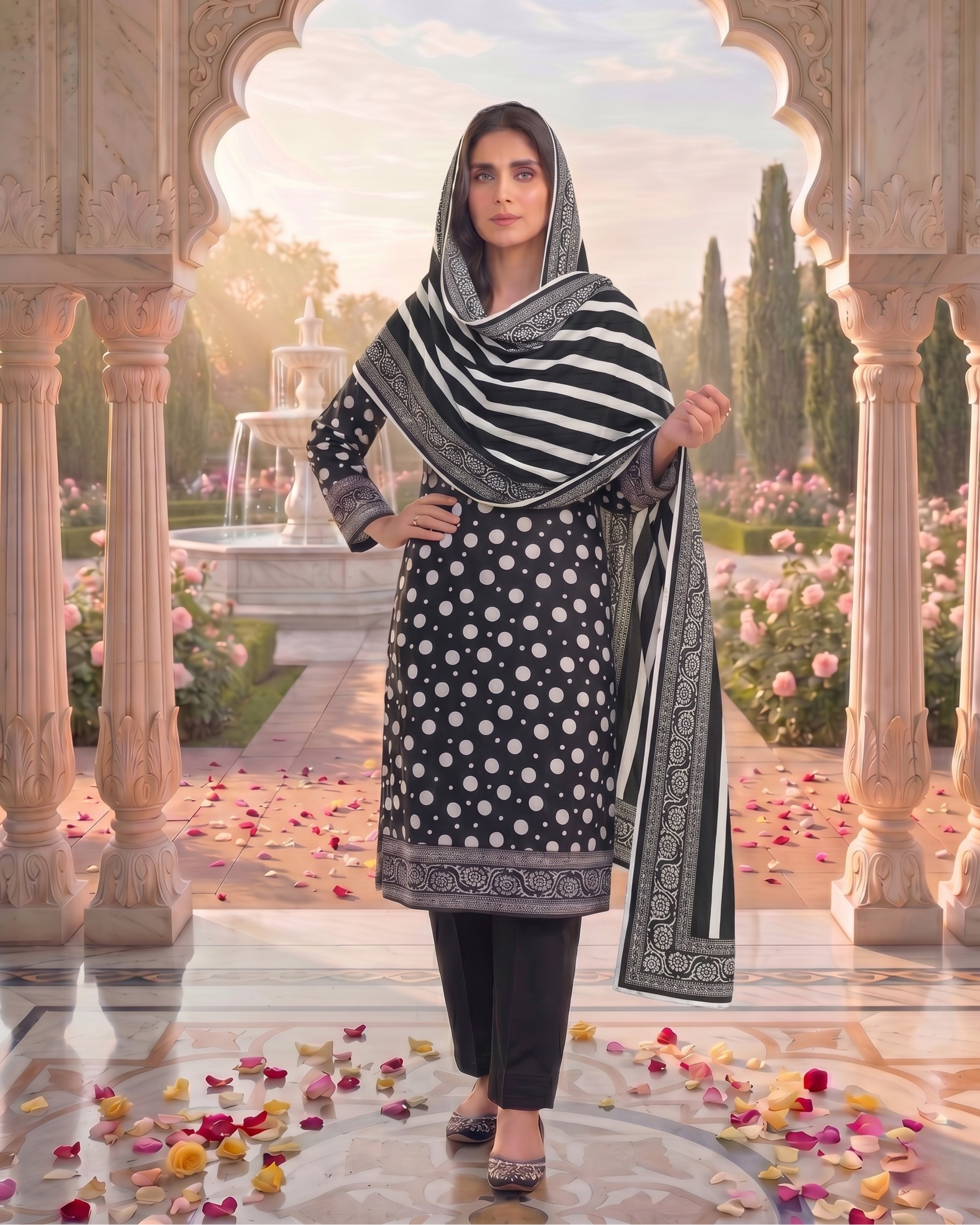 3 Pieces - Sohni Dharti Unstitched Black & White Print Lawn Suit
