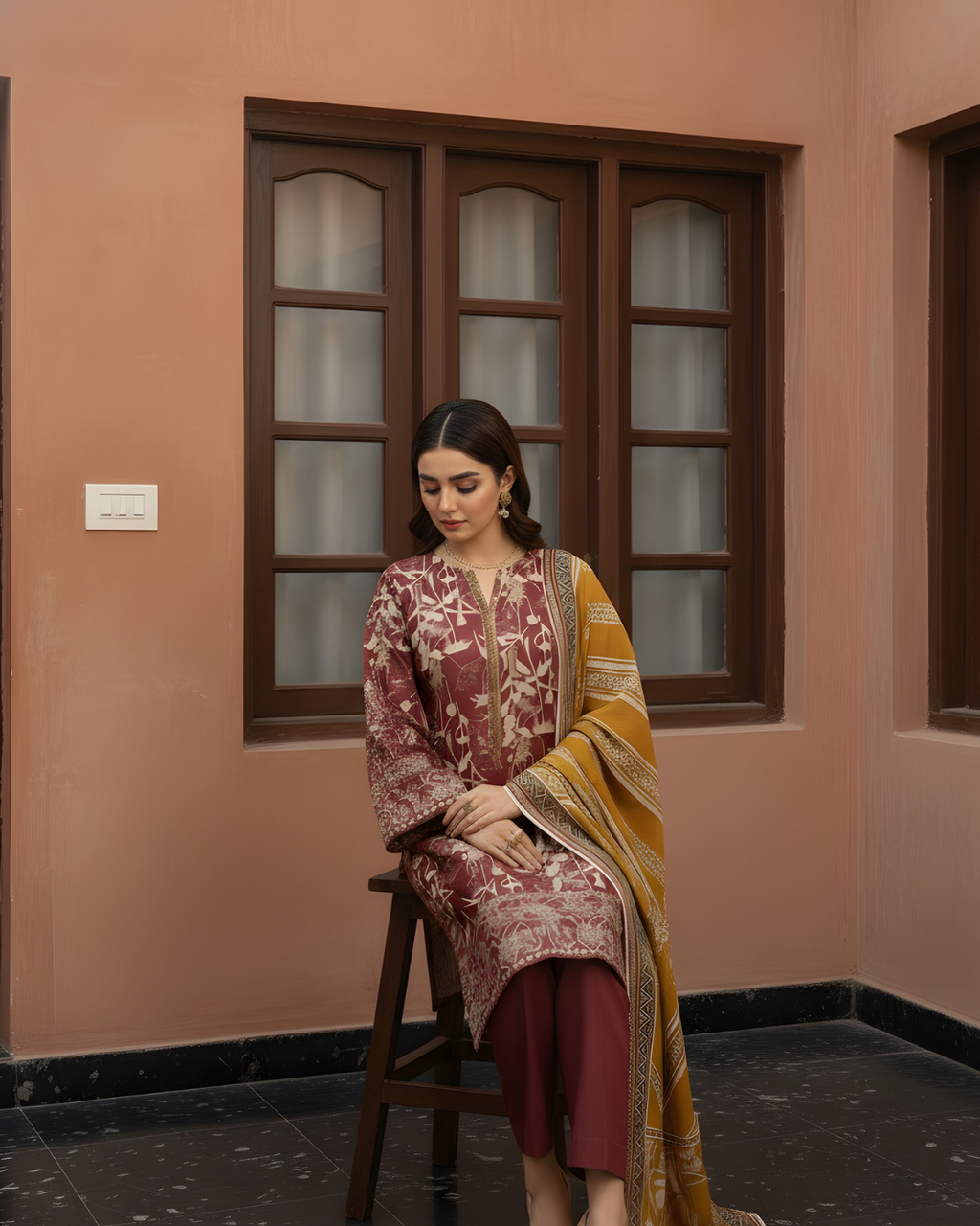 3 Pieces - Marooj Unstitched Maroon Printed Khaddar Suit